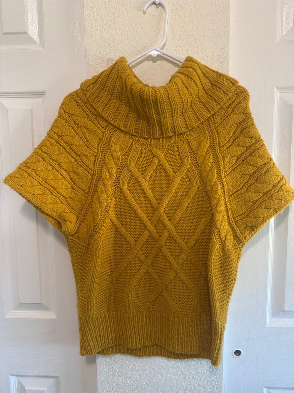LOFT Mustard Cable-Knit Short-Sleeve Cowl Neck Sweater